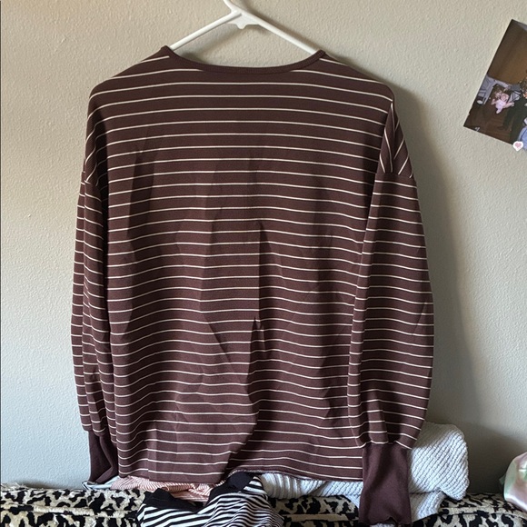 Free People Brown and Cream Striped Long Sleeve Henley - Picture 3 of 3